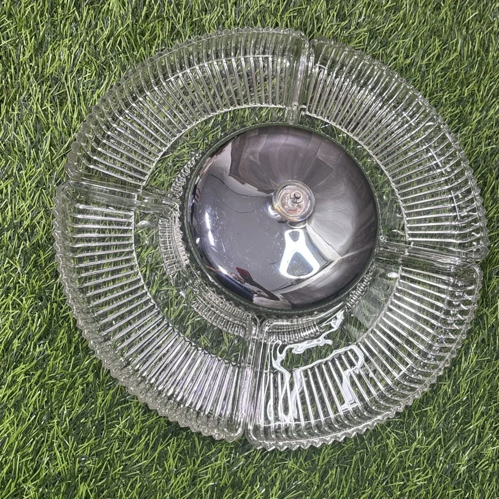 Vintage Chromex MCM Chrome Pressed Glass Lazy Susan Divided Party Platter